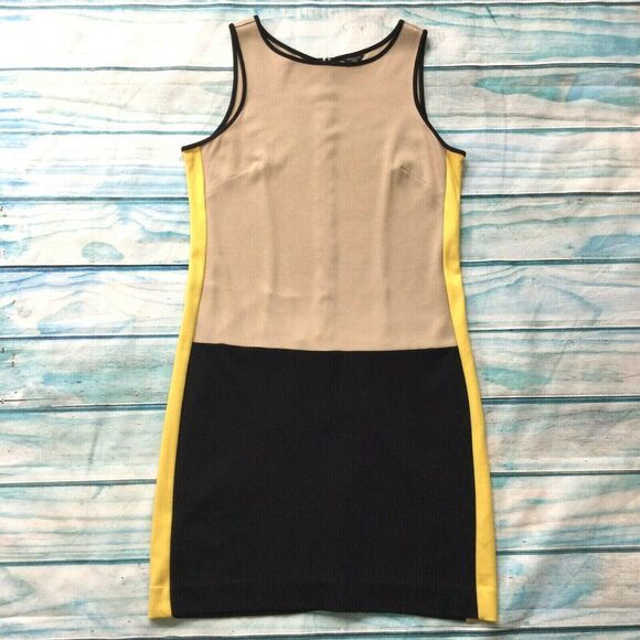 Ann Taylor Womens Dress size Medium Petite Tan Black Yellow Sheath Soft Stretch - Picture 2 of 12